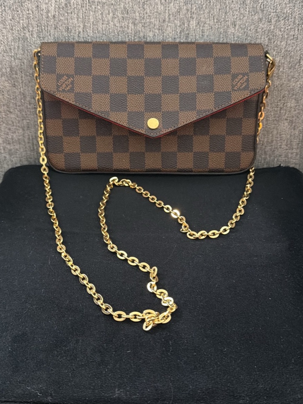 Louis Vuitton Damier Ebene Checkered Envelope Crossbody Bag with Gold Chain